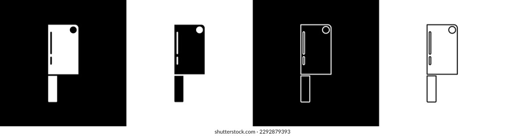 Ajuste el icono del helicóptero de carne aislado en fondo blanco y negro. Cuchillo de cocina para carne. Cuchillo de carnicero. Feliz fiesta de Halloween.  Vector