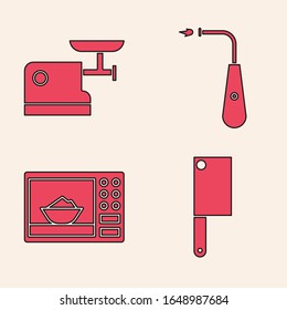 Ponga un helicóptero de carne, un molino de carne de cocina, un encendedor eléctrico largo y un icono del horno microondas. Vector