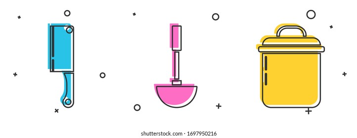 Set Meat chopper , Kitchen ladle  and Cooking pot  icon. Vector