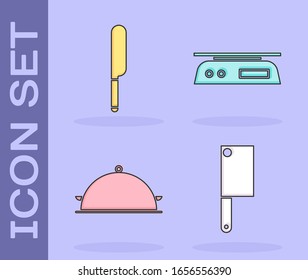Set Meat chopper, Knife, Cubierto con una bandeja de comida y un icono de báscula electrónica. Vector