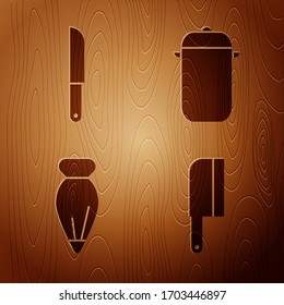 Set Meat chopper, Knife, Pastry bag for decorate cakes and Cooking pot on wooden background. Vector
