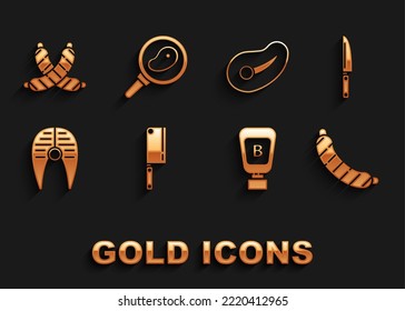 Set Meat chopper, Knife, Sausage, Sauce bottle, Fish steak, Steak meat, Crossed sausage and in frying pan icon. Vector