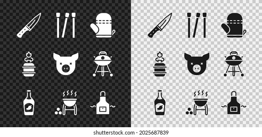 Set Meat Chopper, Matches, Oven Glove, Ketchup Bottle, Barbecue Grill, Kitchen Apron, Camping Gas Stove And Pig Icon. Vector