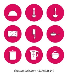 Set Meat chopper, Measuring cup, Cooking pot, Frying pan, Microwave oven, Kitchen ladle and Covered with tray of food icon. Vector