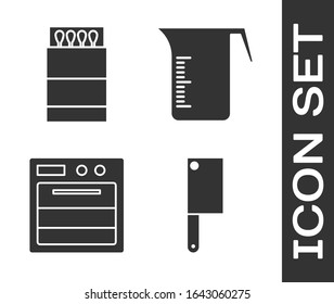 Set Meat chopper, Open matchbox and matches, Oven and Measuring cup icon. Vector