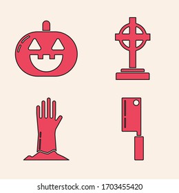 Set Meat chopper , Pumpkin , Tombstone with cross  and Zombie hand  icon. Vector