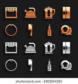 Set Meat chopper, Refrigerator, Chef hat in speech bubble, Bottle of olive oil, Cutting board, Electric kettle, Oven and Kettle with handle icon. Vector