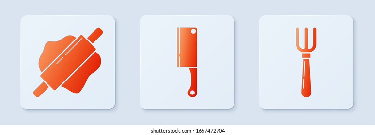 Set Meat chopper , Rolling pin  and Fork . White square button. Vector