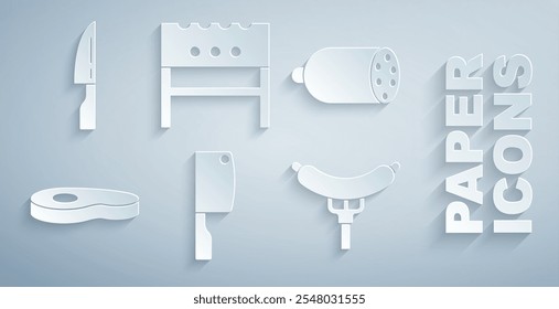 Set Meat chopper, Salami sausage, Steak meat, Sausage on the fork, BBQ brazier and Barbecue knife icon. Vector