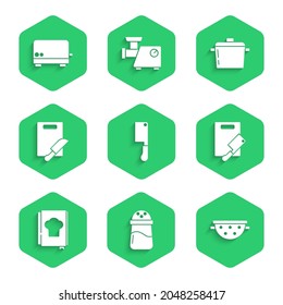 Set Meat chopper, Salt, Kitchen colander, Cutting board meat, Cookbook, knife, Cooking pot and Toaster icon. Vector