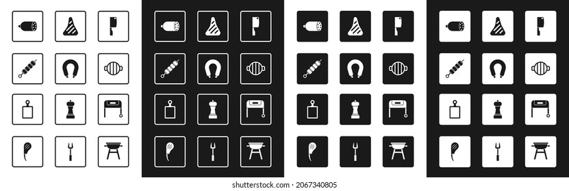 Set Meat chopper, Sausage, Grilled shish kebab, Salami sausage, Barbecue grill, Steak meat,  and Cutting board icon. Vector