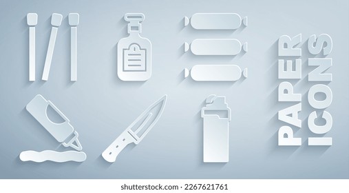 Set Meat chopper, Sausage, Ketchup bottle, Lighter, Sauce and Matches icon. Vector