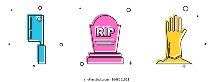 Set Meat chopper , Tombstone with RIP and Zombie hand  icon. Vector