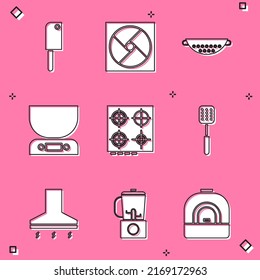 Set Meat chopper, Ventilation, Kitchen colander, Electronic scales, Gas stove, Spatula, extractor fan and Blender icon. Vector