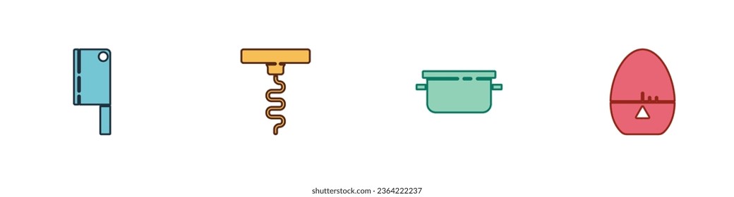 Set Meat chopper, Wine corkscrew, Cooking pot and Kitchen timer icon. Vector