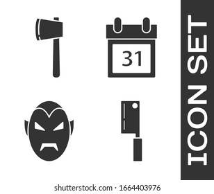 Set Meat chopper , Wooden axe , Vampire  and Calendar with Halloween date 31 october  icon. Vector