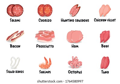 Set of meat cut slices on white
