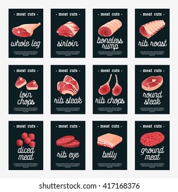 Set of meat cuts assortment tags - beef/pork/lamb/round steak/boneless rump/whole leg/rib roast/loin and rib chops/rustic belly/ground meat/diced meat. Design template labels. Isolated on white.