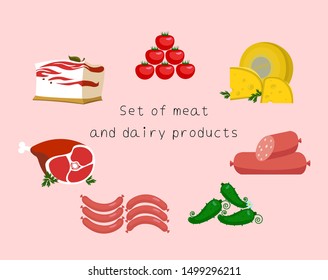 Set of meat and dairy products. Vector illustration.