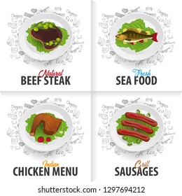 Set of meat Dishes. Beef, Fish, Chicken and sausages. Banner with hand-draw doodle elements on the background. Vector illustration