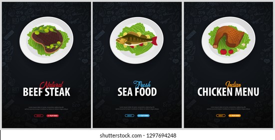 Set of meat Dishes. Beef, Fish, Chicken and sausages. Banner with hand-draw doodle elements on the background. Vector illustration