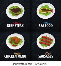 Set of meat Dishes. Beef, Fish, Chicken and sausages. Banner with hand-draw doodle elements on the background. Vector illustration