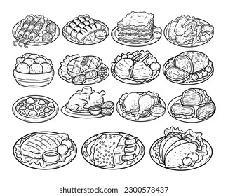 Set of meat dishes hand drawn outline sketch illustration