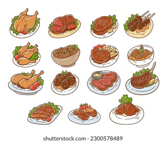 Set of meat dishes hand drawn illustration	