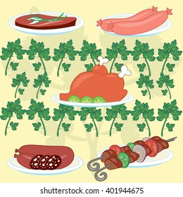 Set with meat dishes. Vector. Meat products. Seamless background.