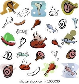 A set of meat and fish vector icons in color, and black and white renderings.