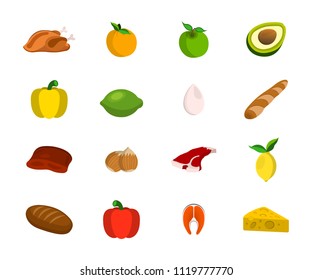 Set of Meat, Fruit, Nut and Vegetables. Food Icon. Cartoon Vector Illustration.