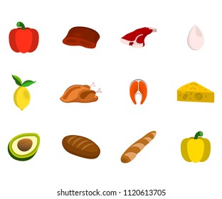 Set of Meat, Fruit, Nut and Vegetables. Food Icon. Cartoon Vector Illustration.