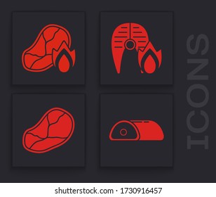 Set Fleisch, gegrilltes Steakfleisch und Flamme, gegrilltes Fischsteak, Flamme und Steak Fleisch Ikone. Vector