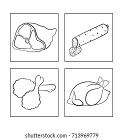 set of meat icons, delicious food,carcass of chicken, delicious sausage, legs in breaded, large ham, vector image,outline style