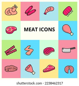 Set of meat icons with linear color style. Meats vector illustration with colorful design 