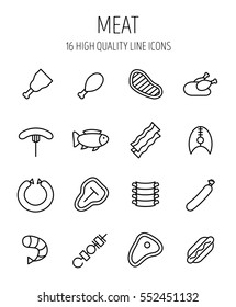 Set of meat icons in modern thin line style. High quality black outline beef, ribs, shrimp symbols for web site design and mobile apps. Simple linear meat pictograms on a white background.