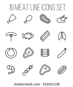 Set of meat icons in modern thin line style. High quality black outline beef, ribs, shrimp symbols for web site design and mobile apps. Simple linear meat pictograms on a white background.