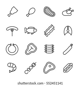 Set of meat icons in modern thin line style. High quality black outline beef, ribs, shrimp symbols for web site design and mobile apps. Simple linear meat pictograms on a white background.