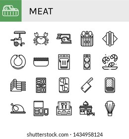Set of meat icons such as Steak, Hot dog, Crab, Chicken leg, Sausage, Minced meat, Sandwich, Burger, Shrimp, Mutton, Snack, Chicken wings, Cleaver, Meatloaf, Chicken, Nuggets , meat