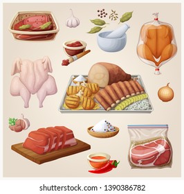 Set Of Meat Ingredients For Texas Bbq Medley Illustration. Cartoon Vector Food Icons For Barbecue Cooking Collection