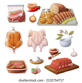 Set Of Meat Ingredients For Texas Bbq Medley Illustration. Cartoon Vector Food Icons Isolated On White Background For Barbecue Cooking Collection