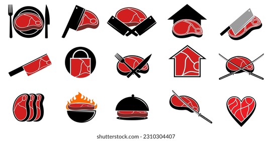 Set Meat Logo Icon Symbol. Butchery Shop, barbecue and grill vector Illustration