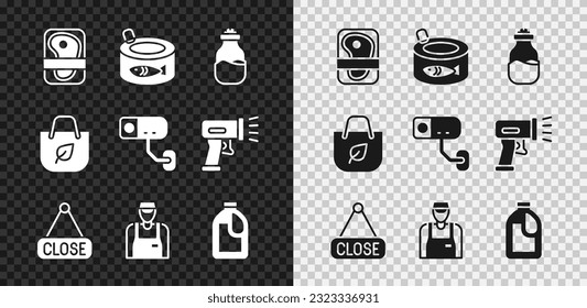 Set Meat packaging steak, Canned fish, Spice can, Hanging sign with Closed, Seller, Bottle for cleaning agent, Shopping bag recycle and Security camera icon. Vector