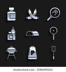 Set Meat, Pepper, Spatula, Frying pan, Barbecue grill, Sauce bottle, Fish steak frying and  icon. Vector