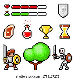 Set of meat, poison, cup winner, life and magic force lines, shield, knight with sword, tree, skeleton with sword. Pixel elements 8bit objects. Videogame of 80s isolate at white background. Pixel game