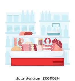 Set of meat product on supermarket fridge. Food store interior Sausage, chicken, bacon, ham and beef. Cartoon vector illustration
