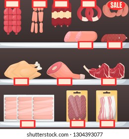 Set of meat product on supermarket shelves. Sausege, chiken, bacon, ham and beef. Cartoon vector illustration