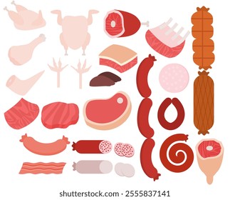 Set of meat product and sausage.Steak, ham and bacon.Pork, chicken, lamb and beef raw meat.Butchery meal.Farm ingredient.Food and market.Sign, symbol, icon or logo isolated.Cartoon vector illustraion.