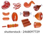 Set of meat product various types for barbecues, picnics or restaurants in 3d cartoon style. Cute realistic render elements. Soft plastic or clay child toy. Vector illustration.