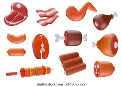 Set of meat product various types for barbecues, picnics or restaurants in 3d cartoon style. Cute realistic render elements. Soft plastic or clay child toy. Vector illustration.